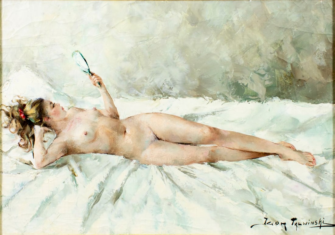 Igor Talwinski (Poland,France,1907-1983) oil painting: ARTIST: Igor Talwinski (Polish, French, 1907 - 1983) TITLE: Reclining Nude with Mirror MEDIUM: oil on canvas CONDITION: Few small paint losses. Some craquelure. No visible