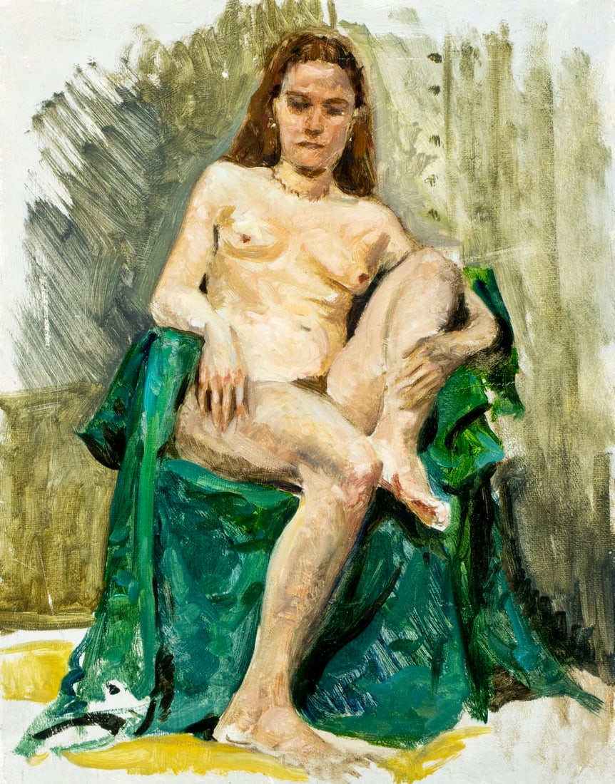 Nathaniel K Gibbs (MD,1948-2018) oil painting: ARTIST: Nathaniel Kato Gibbs (Maryland, 1948 - 2018) TITLE: Seated Nude MEDIUM: oil on canvas board CONDITION: Some scratches. No visible inpaint under UV light. Normal wear