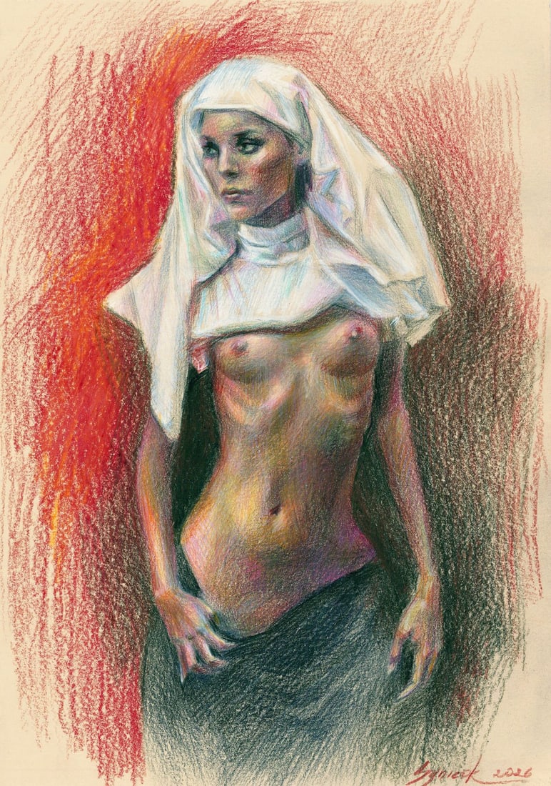 Tatiana Synieok (Ukraine,20/21C) colored pencil painting: ARTIST: Tatiana Synieok (Ukrainian, 20/21 centuries) TITLE: Nude Nun MEDIUM: colored pencil on heavy paper CONDITION: Very good. ART SIZE: 12 x 8 inches
