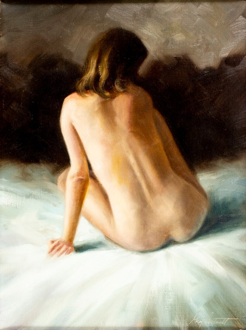 Greg Cartmell (MS,20C) oil painting: ARTIST: Greg Cartmell (Mississippi, 20 century) TITLE: Seated Nude MEDIUM: oil on canvas CONDITION: Few minor scratches/paint losses along edges. No visible inpaint under UV