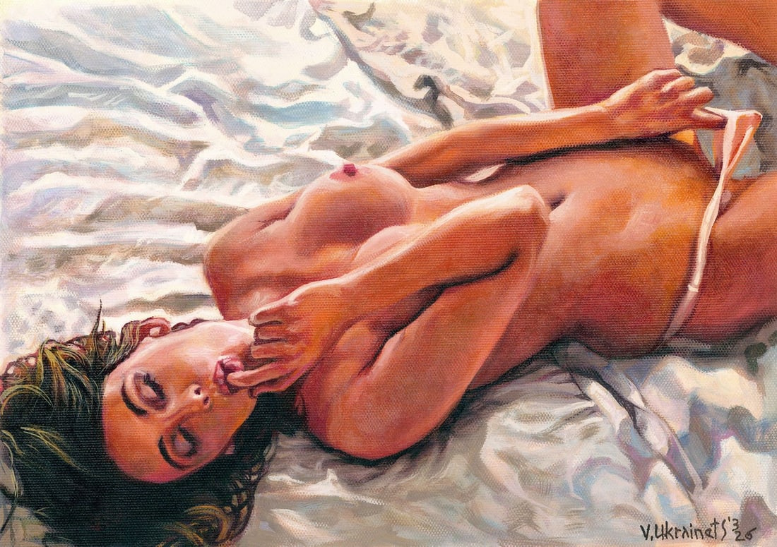 Valentin Ukrainets (Ukraine,b 1965) oil painting: ARTIST: Valentin Ukrainets (Ukrainian, born 1965) TITLE: Nude - Dream and a Soft Bed (titled on verso) MEDIUM: oil on canvas CONDITION: Unstretched (In-House stretching avai