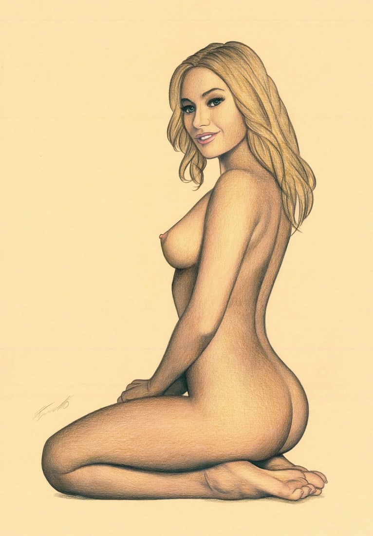 Rene Prudlo (German,b 1974) colored pencil painting: ARTIST: Rene Prudlo (Germany, born 1974) TITLE: Kneeling Nude MEDIUM: colored pencil on heavy paper CONDITION: Very good. ART SIZE: 12 x 8 inches / 30 x