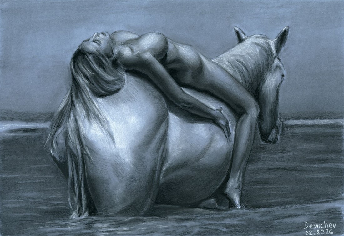 Oleksandr Demichev (Ukraine,20/21C) pastel painting: ARTIST: Oleksandr Demichev (Ukrainian, 20/21 centuries) TITLE: Nude on Horseback MEDIUM: pastel on heavy paper CONDITION: Very good. ART SIZE: 12 x 17 in