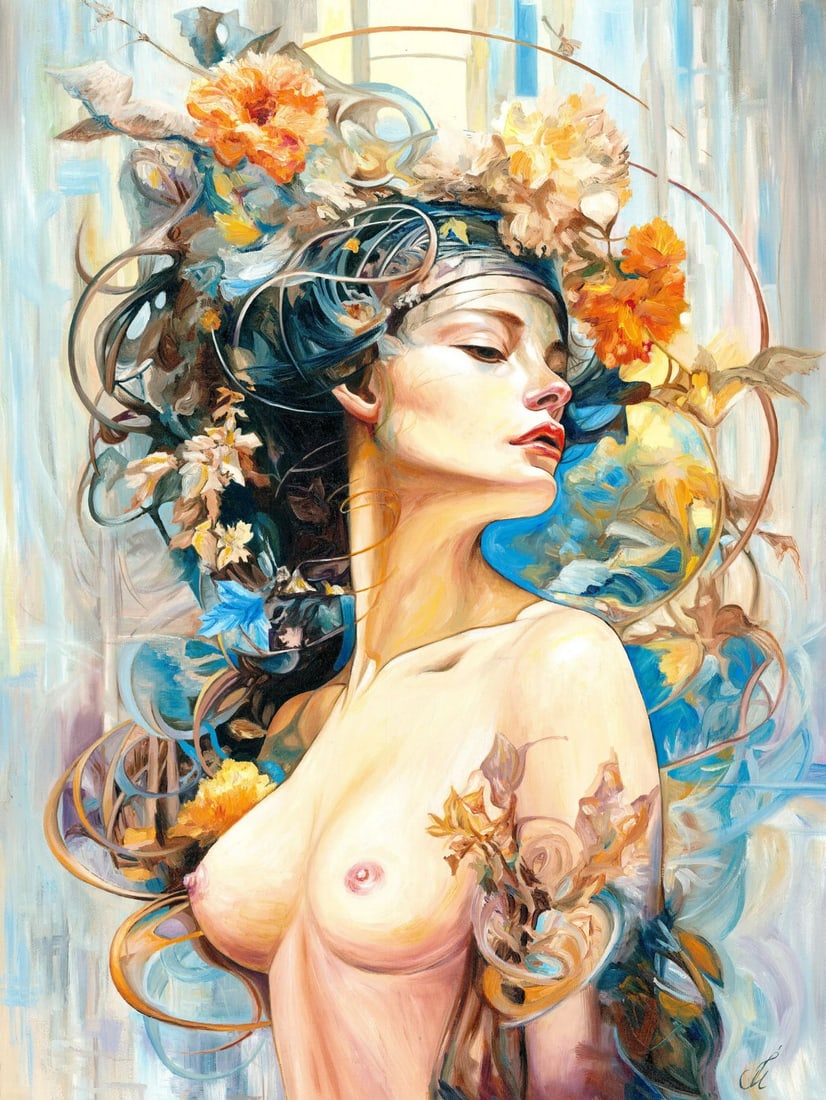 Inna Melnichuk (Ukraine,b 1978) oil painting: ARTIST: Inna Melnichuk (Ukraine, born 1978) TITLE: Nude MEDIUM: oil on canvas CONDITION: Unstretched (In-House stretching available). Very good. No visible inpaint under UV