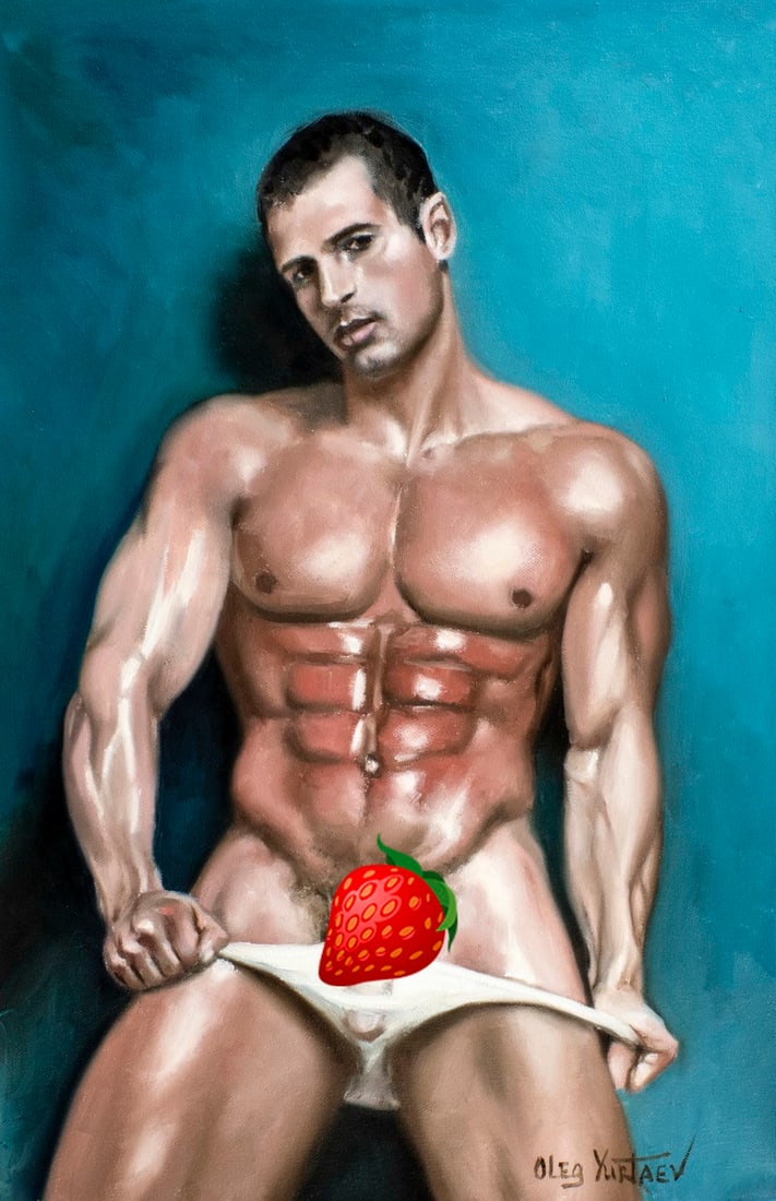 Oleg Yurtaev (Russia,b 1981) oil painting: ARTIST: Oleg Yurtaev (Russian, born 1981) TITLE: Male Nude - How Do You Find Me (titled on verso) MEDIUM: oil on canvas CONDITION: Unstretched (In-House stretching available