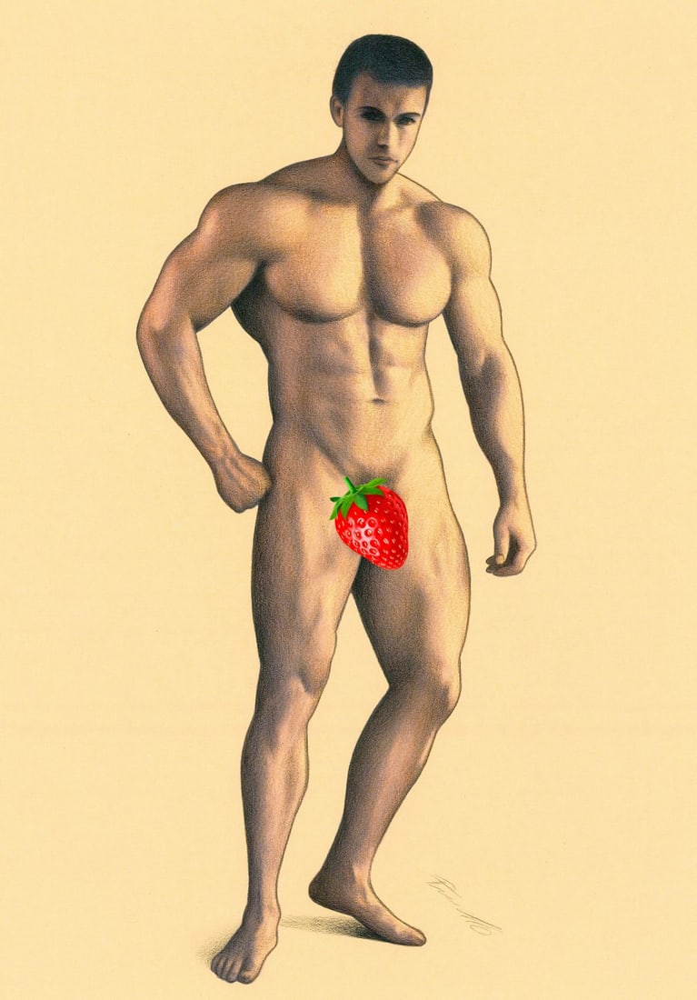 Rene Prudlo (German,b 1974) colored pencil painting: ARTIST: Rene Prudlo (Germany, born 1974) TITLE: Male Nude MEDIUM: colored pencil on heavy paper CONDITION: Very good. ART SIZE: 12 x 8 inches / 30 x 20 c