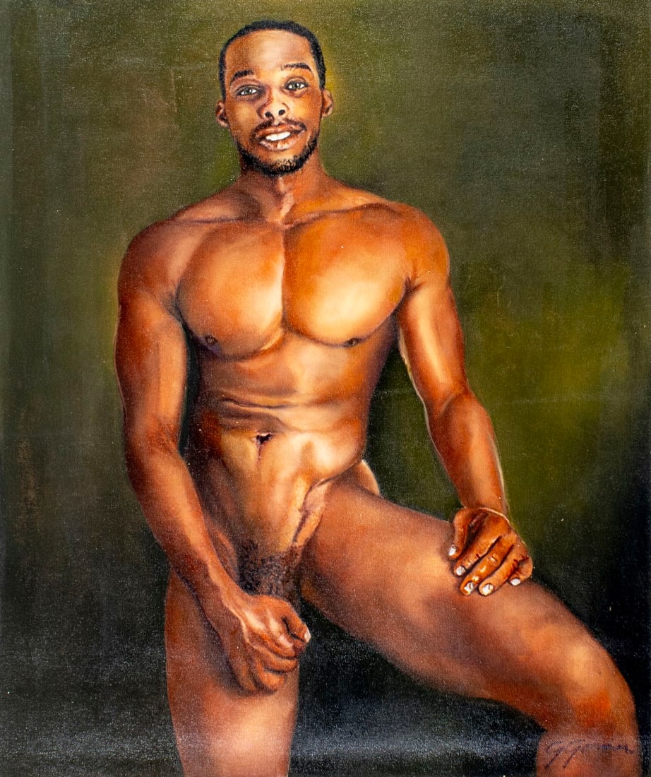 Gustavo Gomez (Colombia,FL,b 1956) oil painting: ARTIST: Gustavo Alonso Gomez (Colombian, Florida, born 1956) TITLE: Male Nude (titled on verso) MEDIUM: oil on canvas CONDITION: Unstretched (In-House stretching available).