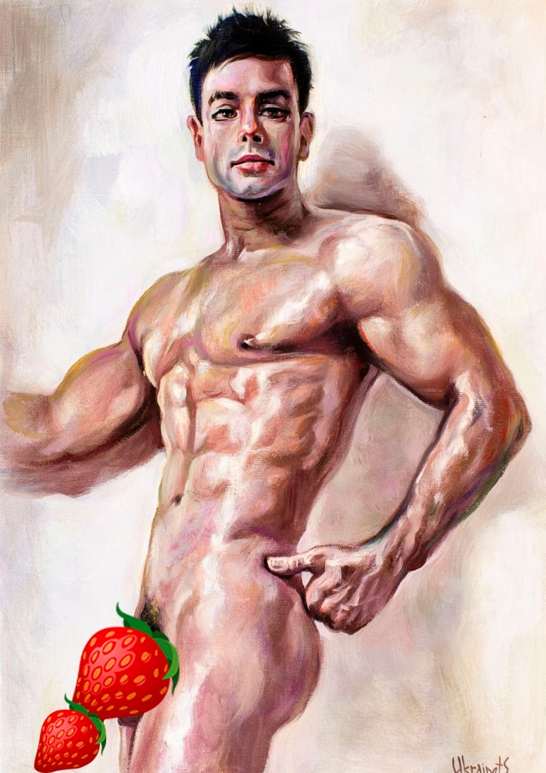 Valentin Ukrainets (Ukraine,b 1965) oil painting: ARTIST: Valentin Ukrainets (Ukrainian, born 1965) TITLE: Male Nude - Perfect Figure (titled on verso) MEDIUM: oil on canvas CONDITION: Unstretched (In-House stretching avail