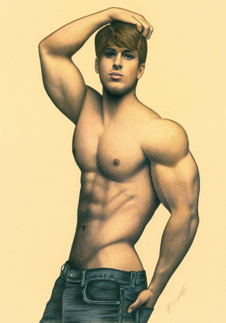 Rene Prudlo (German,b 1974) colored pencil painting: ARTIST: Rene Prudlo (Germany, born 1974) TITLE: Male Nude MEDIUM: colored pencil on heavy paper CONDITION: Very good. ART SIZE: 12 x 8 inches / 30 x 20 c