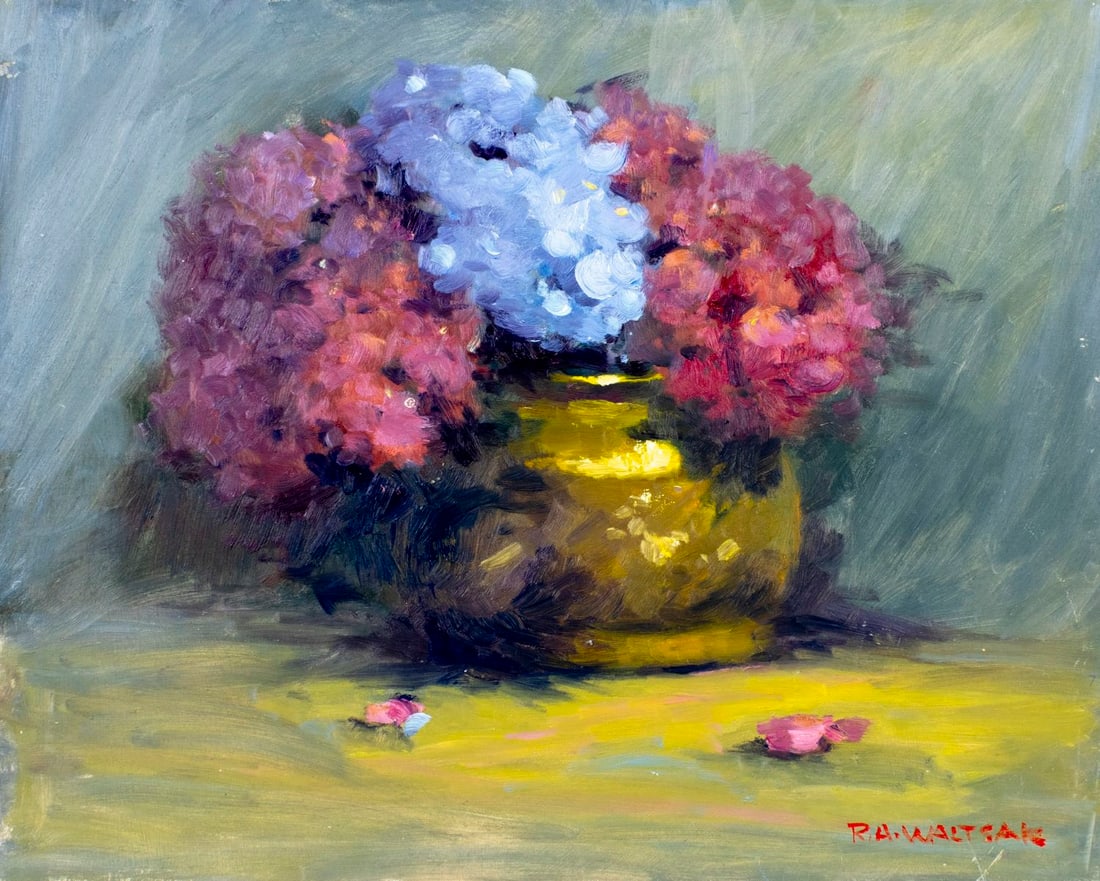 Robert Waltsak (NJ,b 1944) oil painting: ARTIST: Robert Alan Waltsak (New Jersey, born 1944) TITLE: Still Life with Vase of Flowers MEDIUM: oil on board CONDITION: Few small scratches/paint losses mostly along edge