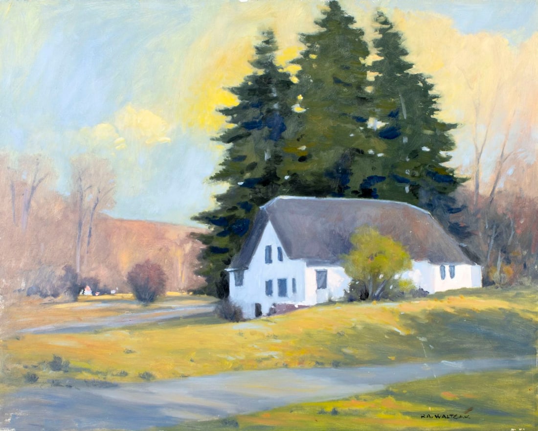 Robert Waltsak (NJ,b 1944) oil painting: ARTIST: Robert Alan Waltsak (New Jersey, born 1944) TITLE: Hilly Landscape with House MEDIUM: oil on board CONDITION: Few minor scratches/paint losses. No visible inpaint un