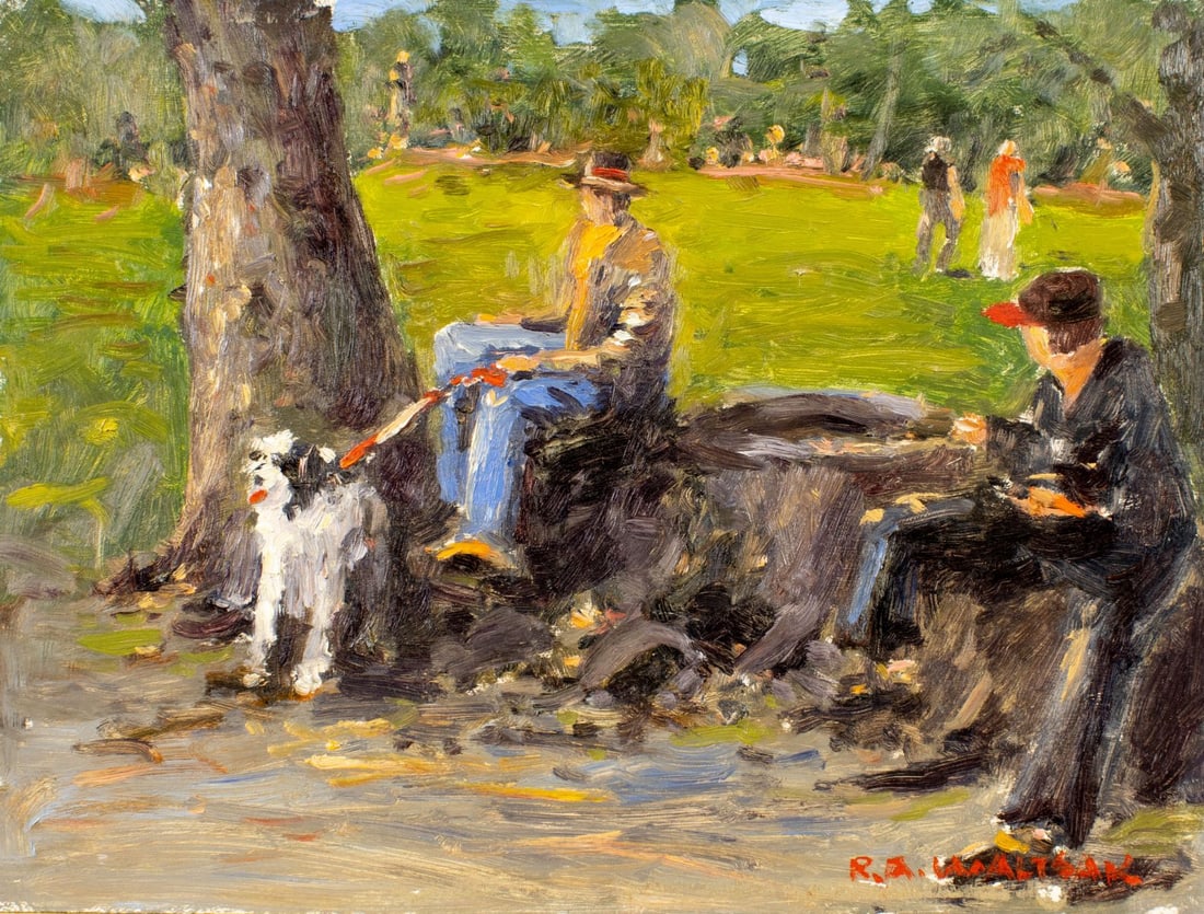 Robert Waltsak (NJ,b 1944) oil painting: ARTIST: Robert Alan Waltsak (New Jersey, born 1944) TITLE: Park Scene MEDIUM: oil on board CONDITION: Overall good. No visible inpaint under UV light. Normal wear along edge