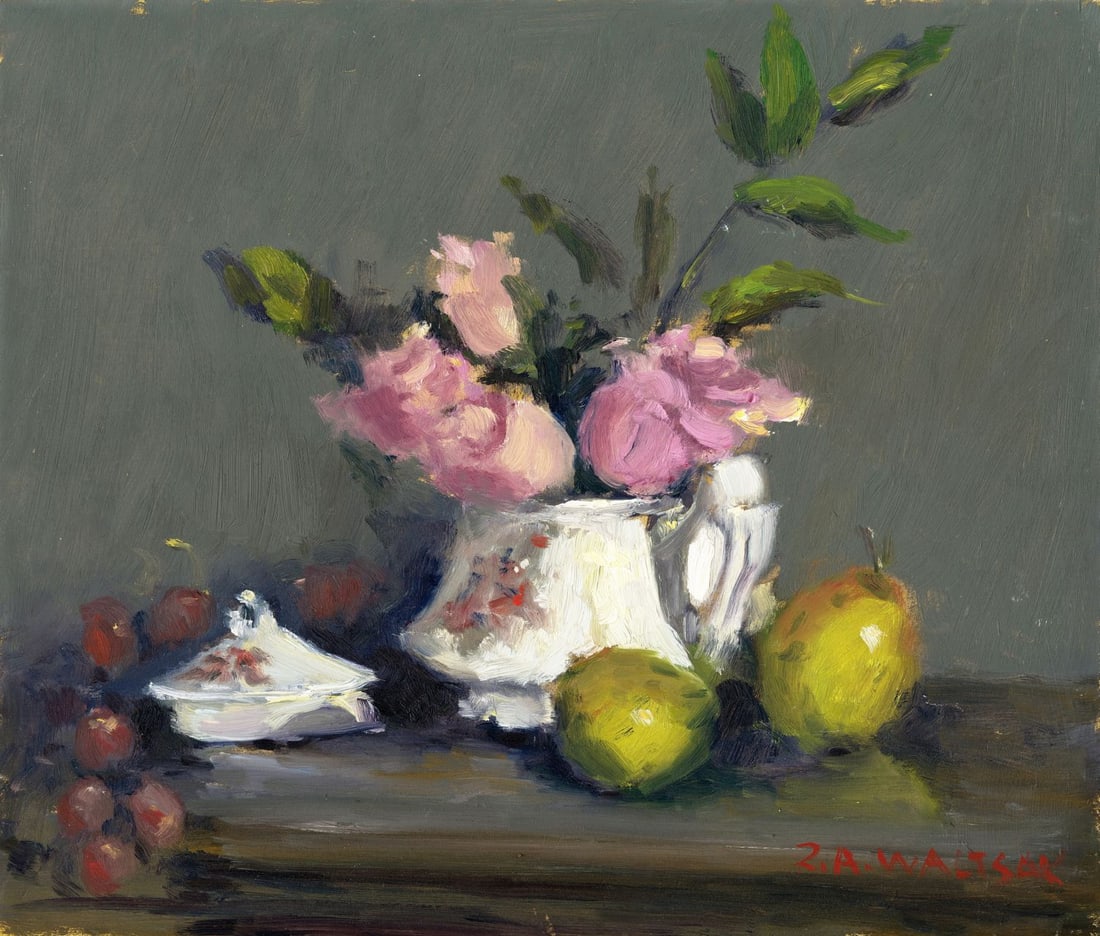 Robert Waltsak (NJ,b 1944) oil painting: ARTIST: Robert Alan Waltsak (New Jersey, born 1944) TITLE: Still Life with Vase of Roses, Grapes and Pears MEDIUM: oil on board CONDITION: Minor scratches/paint losses. No v