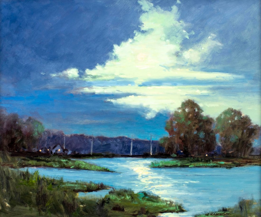 Robert Waltsak (NJ,b 1944) oil painting: ARTIST: Robert Alan Waltsak (New Jersey, born 1944) TITLE: Glimmer Glass Moon (titled on business card) MEDIUM: oil on board CONDITION: Very good. No visible inpaint under U