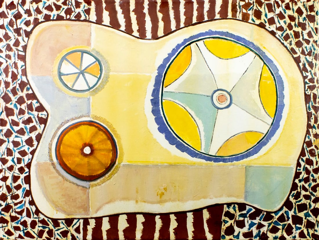 Mortimer Borne (NY,Poland,1902-1987) oil painting 3D: ARTIST: Mortimer Borne (New York, Polish, 1902 - 1987) TITLE: Triple Star (titled on verso) MEDIUM: oil on canvas CONDITION: Few minor scratches/paint losses. No visible inp
