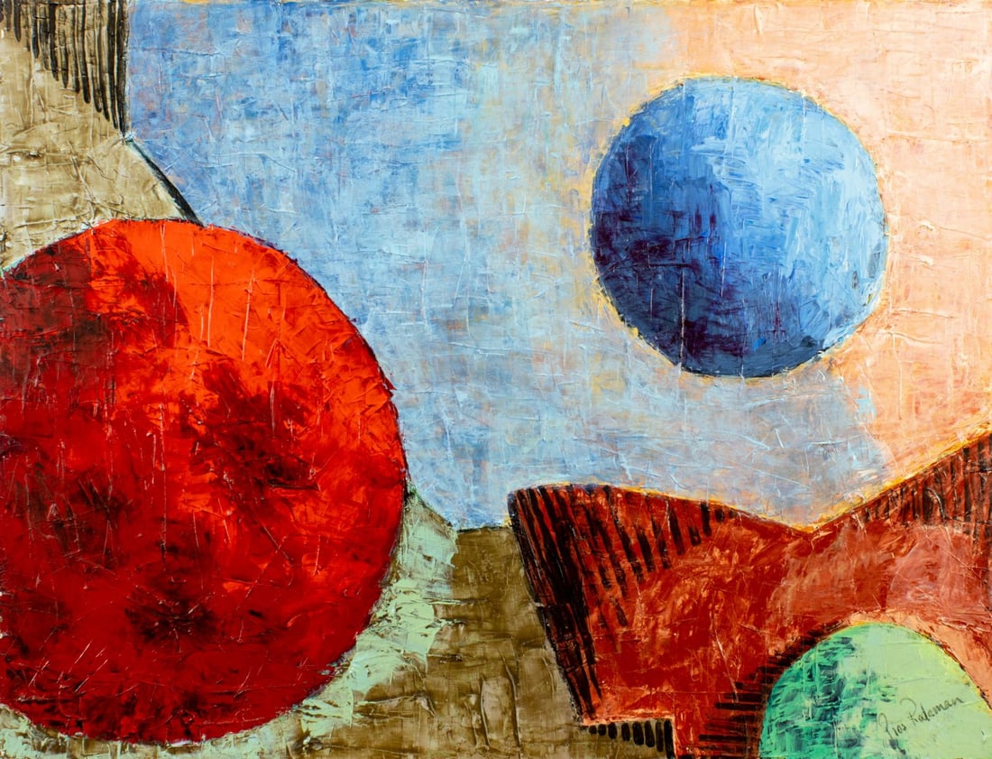 Pios Rodaman (FL,Brazil,b 1953) acrylic painting: ARTIST: Pios Rodaman (Florida, Brazilian, born 1953) TITLE: Abstract Composition YEAR: 2005 MEDIUM: acrylic on canvas CONDITION: Some damage to the right