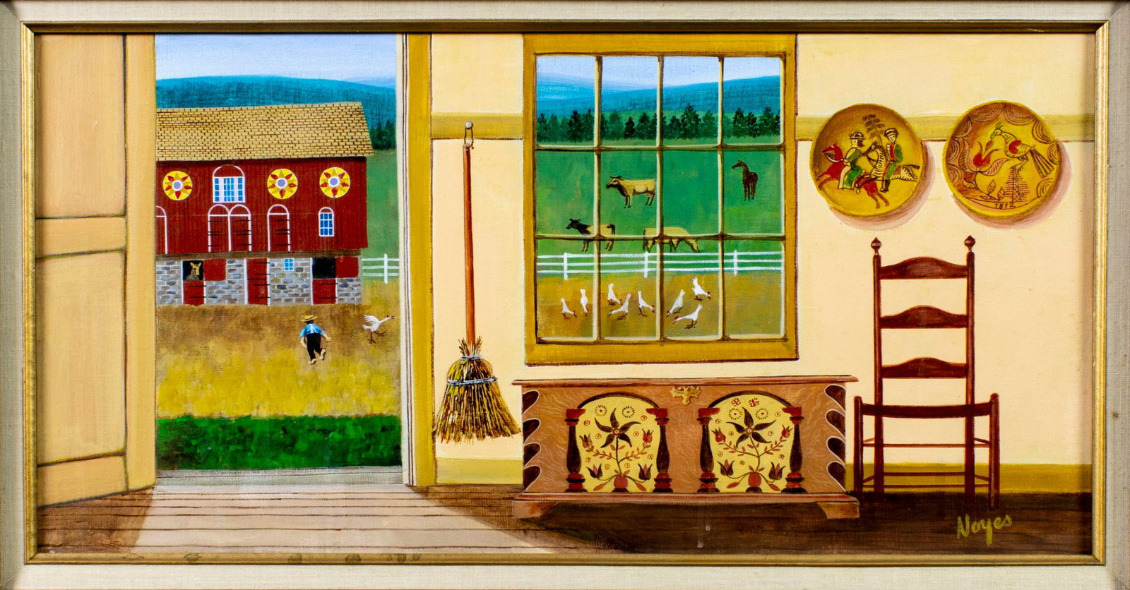Harold Noyes (CA,TX,1911-2004) oil painting: ARTIST: Harold Noyes (California, Texas, 1911 - 2004) TITLE: Farmhouse Interior Scene MEDIUM: oil on canvas CONDITION: Overall good. No visible inpaint under UV light. Wea