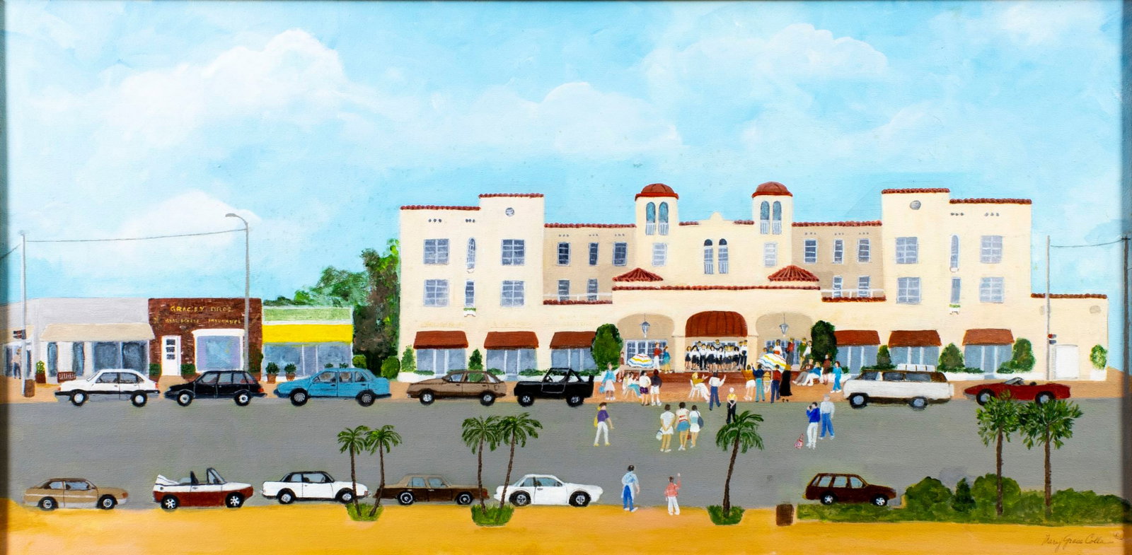 Mary Grace Colla (FL,20C) acrylic painting: ARTIST: Mary Grace Colla (Florida, 20 century) TITLE: The Town MEDIUM: acrylic on canvas CONDITION: Some small brown spots. No visible inpaint under UV light. Wear to frame.