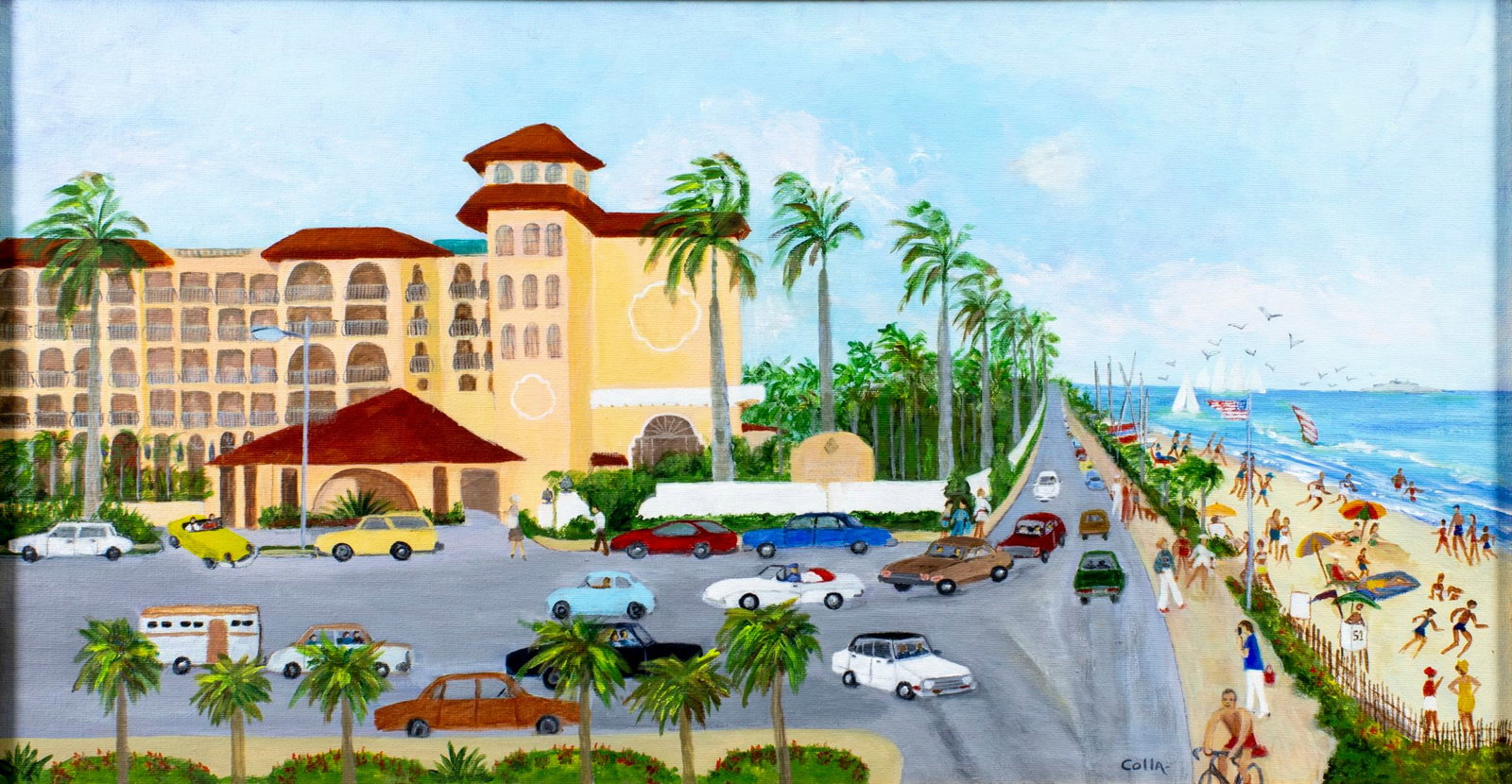 Mary Grace Colla (FL,20C) acrylic painting: ARTIST: Mary Grace Colla (Florida, 20 century) TITLE: Beach Cityscape MEDIUM: acrylic on canvas CONDITION: One small repared tear by the lower edge with corresponding inpain