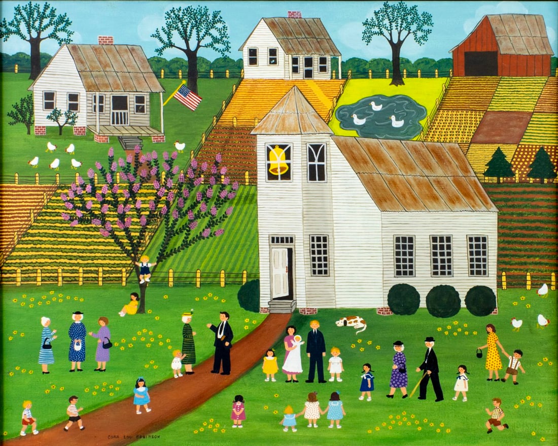 Cora Lou Brown Robinson (LA,1936-?) oil painting: ARTIST: Cora Lou Brown Robinson (Louisiana, 1936 - ???) TITLE: Christening Scene MEDIUM: oil on canvas CONDITION: Few small paint losses. Minor craquelure. No visible inpa