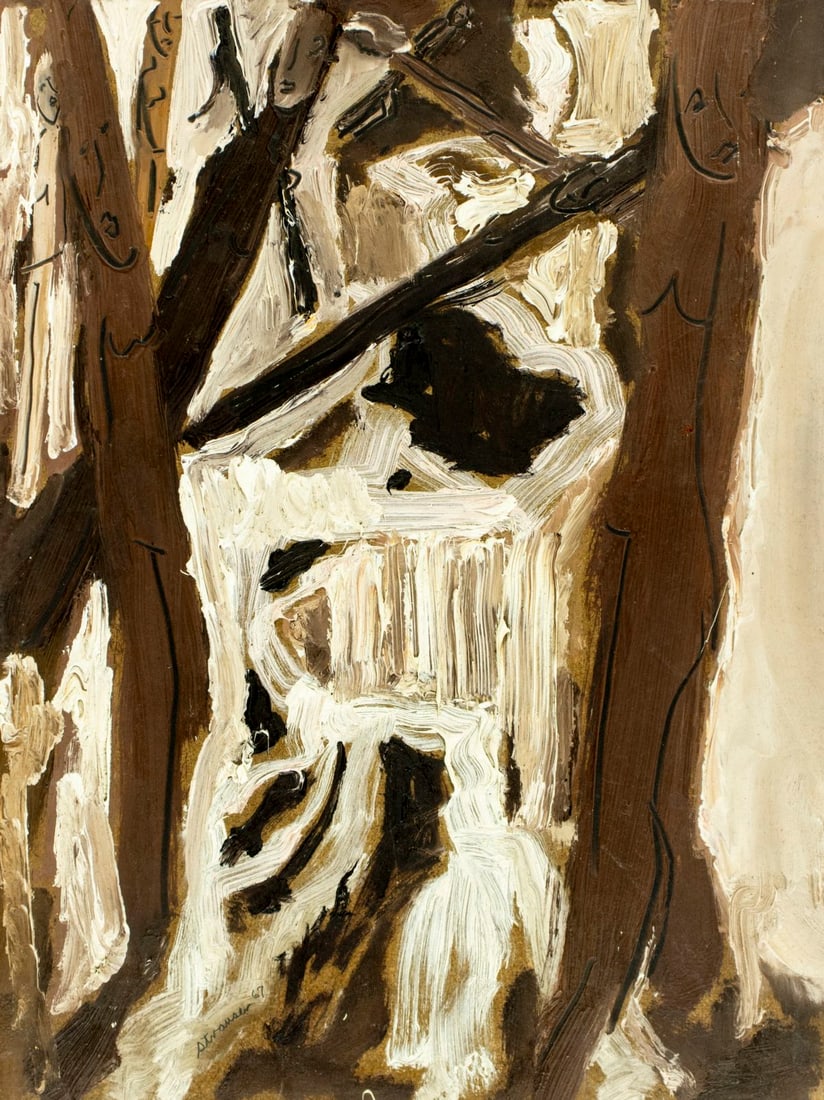 Sterling Strauser (PA,1907-1995) oil painting: ARTIST: Sterling Boyd Strauser (Pennsylvania, 1907 - 1995) TITLE: Nine Nudes at Childs Arbor YEAR: 1967 MEDIUM: oil on board CONDITION: Overall good. No