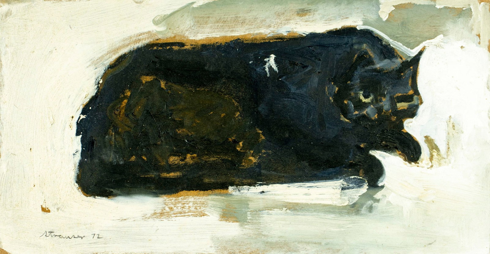 Sterling Strauser (PA,1907-1995) oil painting: ARTIST: Sterling Boyd Strauser (Pennsylvania, 1907 - 1995) TITLE: Black Cat - Jasper YEAR: 1972 MEDIUM: oil on board CONDITION: Few small paint losses. N