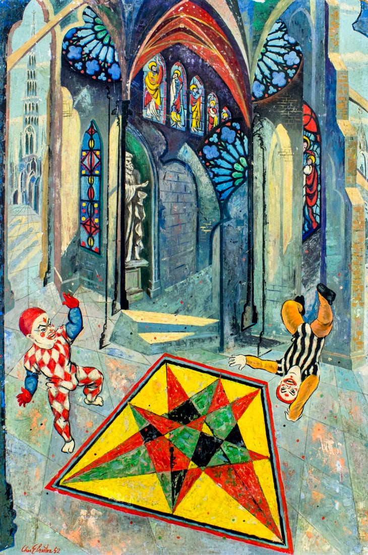 Charles Preston (NY,mid 20C) oil painting: ARTIST: Charles E Preston (New York, mid 20 century) TITLE: Clowns in a Cathedral YEAR: 1952 MEDIUM: oil on board CONDITION: Some small scratches/paint l