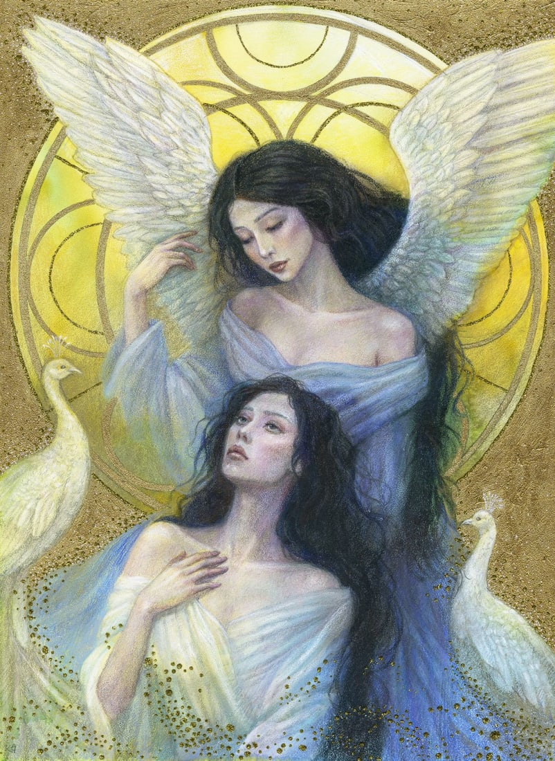 Katerina Grigorenko (Ukraine,b 1999) mixed media painting: ARTIST: Katerina Grigorenko (Ukrainian, born 1999) TITLE: Angel and Woman with White Peacocks MEDIUM: mixed media on heavy paper CONDITION: Very good. ART SIZE:</