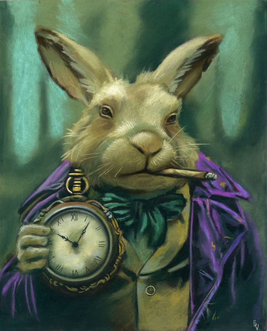 Victoria Borisova (Ukraine,20/21C) pastel painting: ARTIST: Victoria Borisova (Ukrainian, 20/21 centuries) TITLE: Rabbit with Pocket Watch MEDIUM: pastel on heavy paper CONDITION: Very good. ART SIZE: 12 x