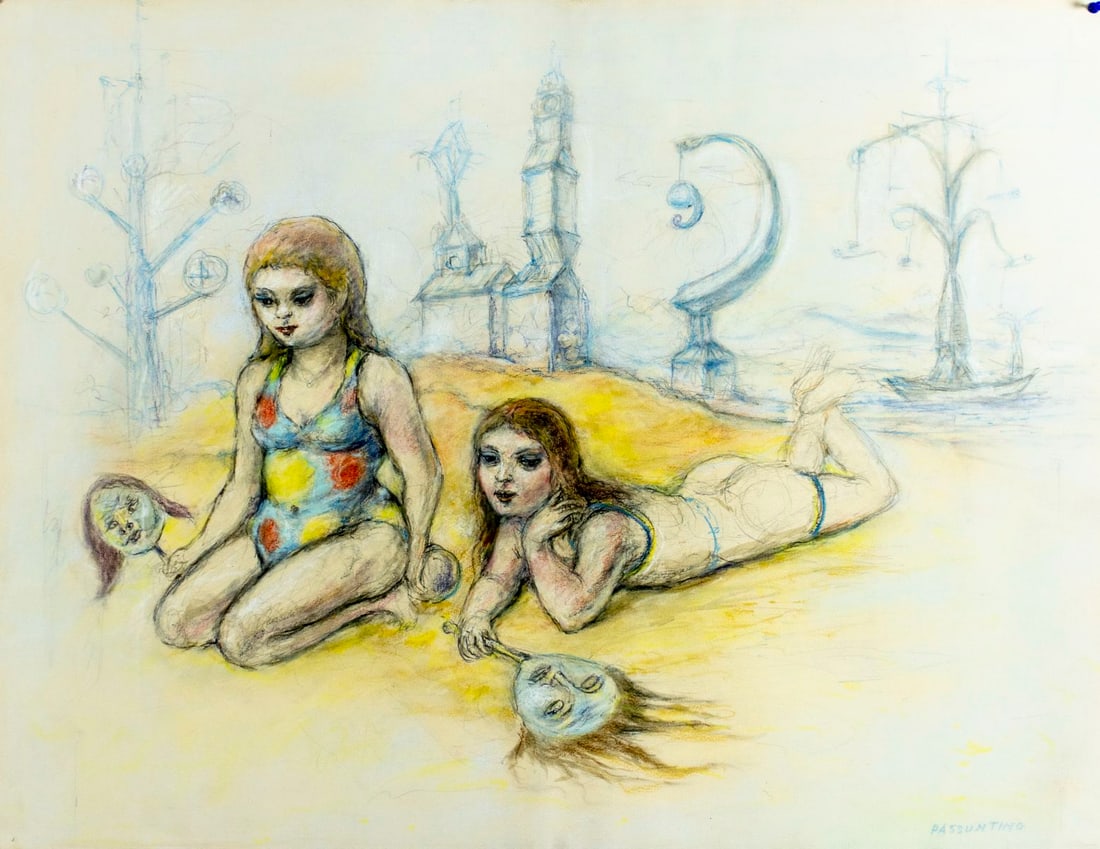 Peter Passuntino (IL,France,1936-?) mixed media painting: ARTIST: Peter Zaccaria Passuntino (Illinois, French, 1936 - ???) TITLE: Surreal Scene with Women MEDIUM: mixed media on heavy paper CONDITION: Few pinholes by the upper co