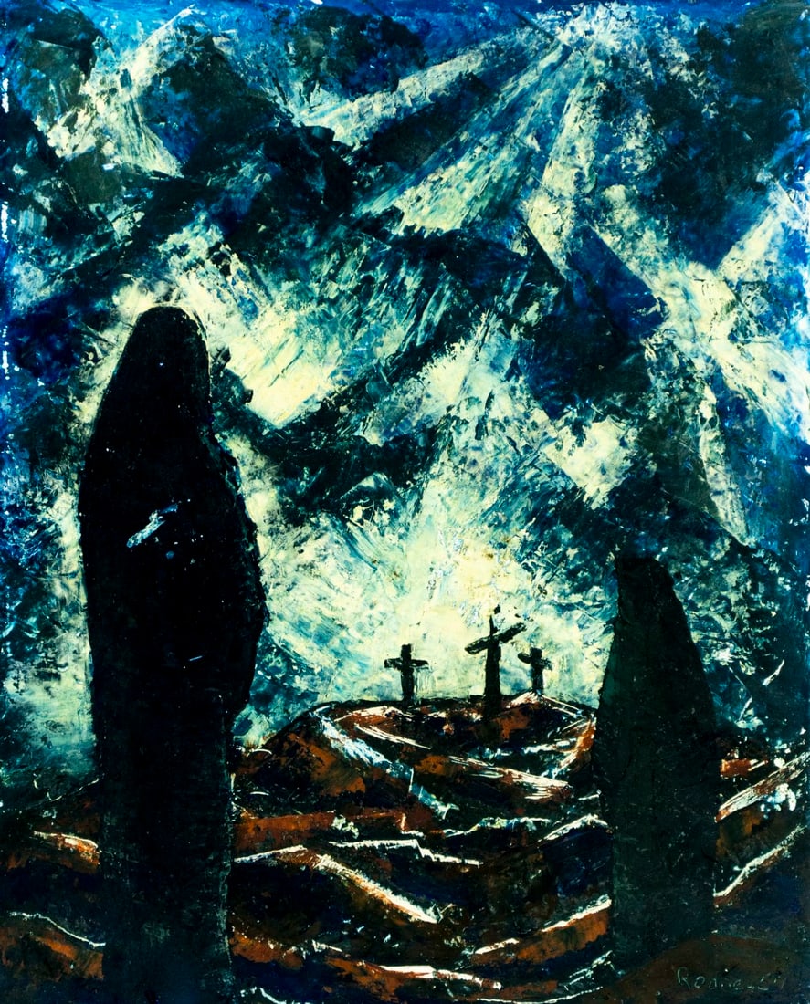 Rodney (US,20C) oil painting: ARTIST: Rodney (American, 20 century) TITLE: Cemetery Scene MEDIUM: oil on board CONDITION: Few small paint losses. No visible inpaint under UV light. Normal wear along edge