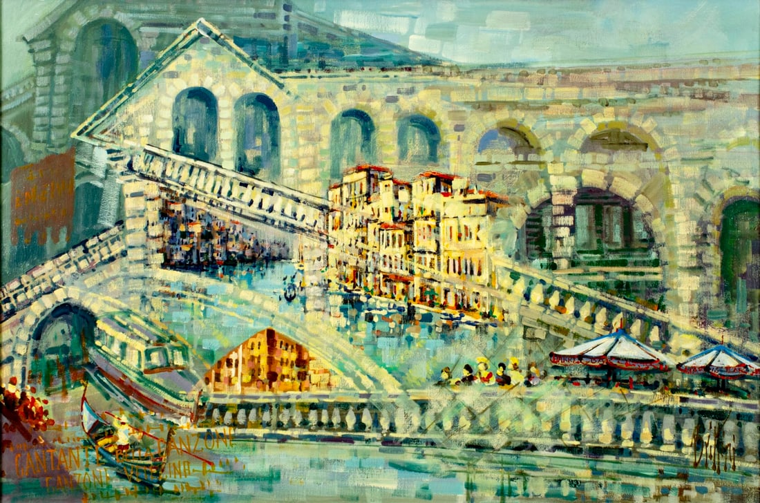 Brittini (Italy,20C) oil painting: ARTIST: Brittini (Italian, 20 century) TITLE: Venice Cityscape, Italy MEDIUM: oil on canvas CONDITION: Very good. No visible inpaint under UV light. ART SIZE: