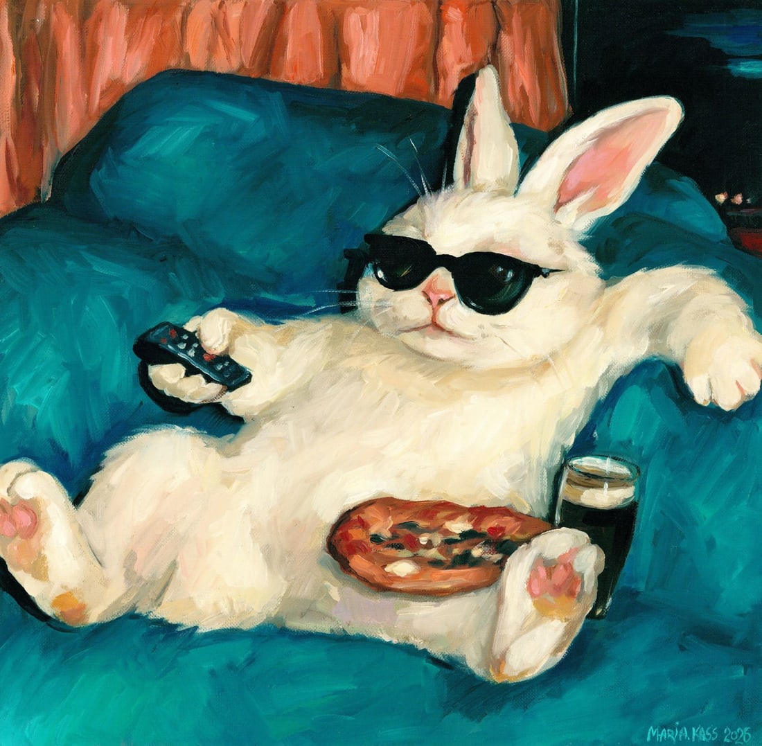 Maria Kasatkina (Ukraine,b 2003) oil painting: ARTIST: Maria Kasatkina (Ukrainian, born 2003) TITLE: Rabbit with Pizza and Sunglasses MEDIUM: oil on heavy paper CONDITION: Very good. No visible inpaint under UV light.