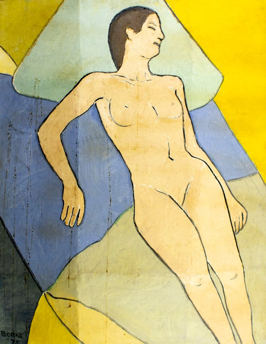 Mortimer Borne (NY,Poland,1902-1987) oil painting 3D: ARTIST: Mortimer Borne (New York, Polish, 1902 - 1987) TITLE: Nude (titled on verso) YEAR: 1975 MEDIUM: oil on canvas. Canvas applied to board. CONDITION: