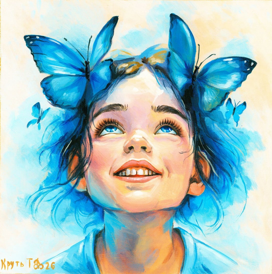 Tatiana Krut (Ukraine,20/21C) oil painting: ARTIST: Tatiana Krut (Ukrainian, 20/21 centuries) TITLE: Girl with Butterflies MEDIUM: oil on heavy paper CONDITION: Very good. No visible inpaint under UV light.