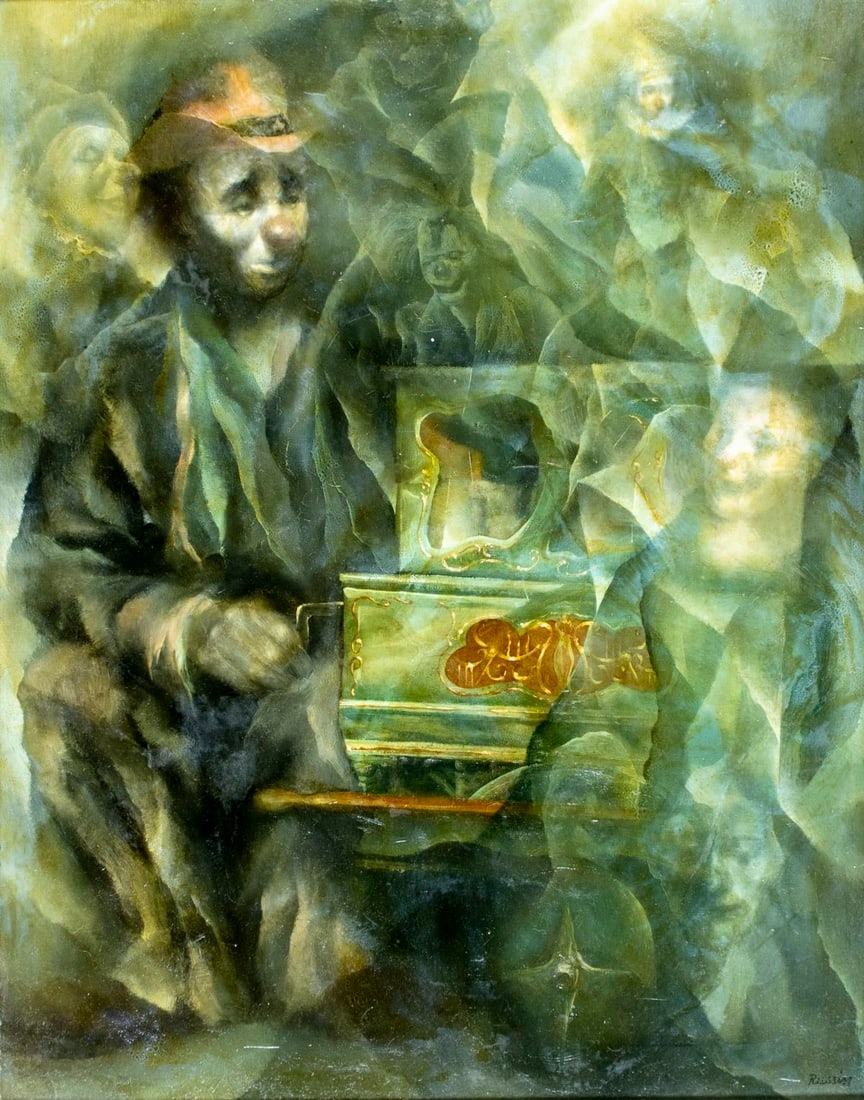 George Russin (FL,1910-2010) oil painting: ARTIST: George Russin (Florida, 1910 - 2010) TITLE: Clowns MEDIUM: oil on board CONDITION: Few small scratches. Some scattered minor inpaintings/touch ups. Wear to frame.<