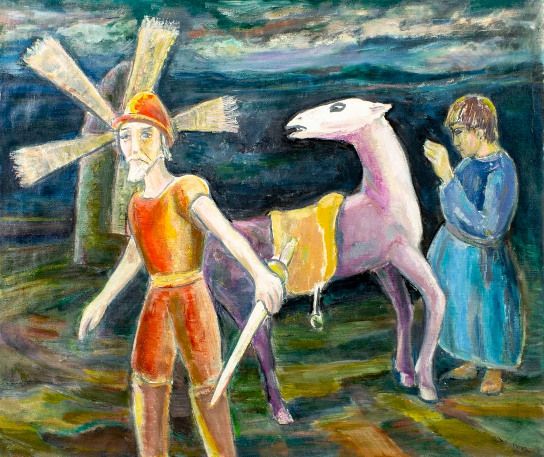 Mortimer Borne (NY,Poland,1902-1987) oil painting: ARTIST: Mortimer Borne (New York, Polish, 1902 - 1987) TITLE: Don Quixote and Sancho Panza MEDIUM: oil on canvas CONDITION: One small patch. Few minor scratches/paint losses