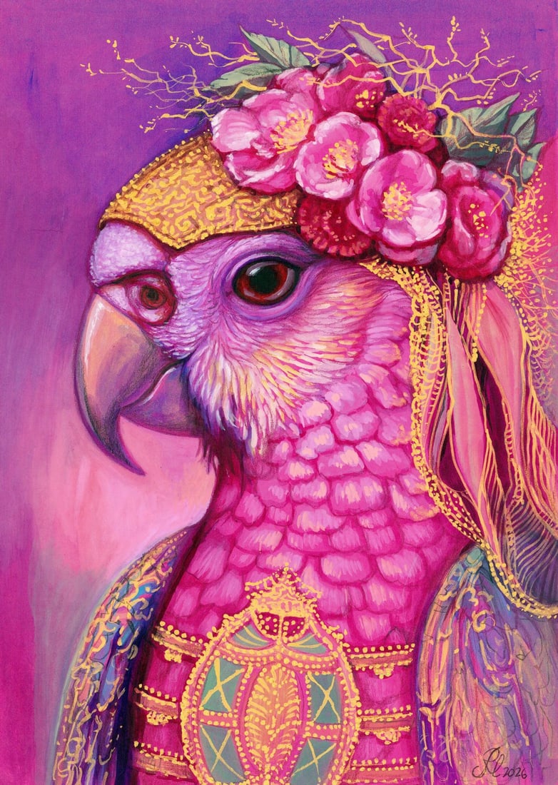 Lyudmila Rudenko (Ukraine,20/21C) mixed media painting: ARTIST: Lyudmila Rudenko (Ukrainian, 20/21 centuries) TITLE: Parrot Bird MEDIUM: mixed media on heavy paper CONDITION: Very good. ART SIZE: 12 x 8 inches