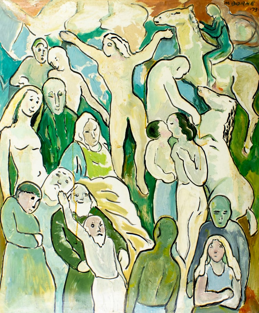 Mortimer Borne (NY,Poland,1902-1987) oil painting 3D: ARTIST: Mortimer Borne (New York, Polish, 1902 - 1987) TITLE: Human Emotions (titled on stretcher) YEAR: 1973 MEDIUM: oil on canvas CONDITION: Few small