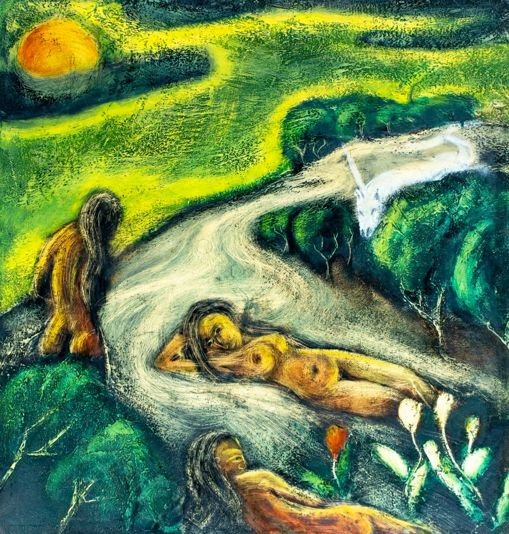 Vintage mid 20C American oil painting: ARTIST: - (American, mid 20 century) TITLE: Composition with Nudes MEDIUM: oil on canvas. Canvas applied to board. CONDITION: Minor paint losses. Minor craquelure. No visi