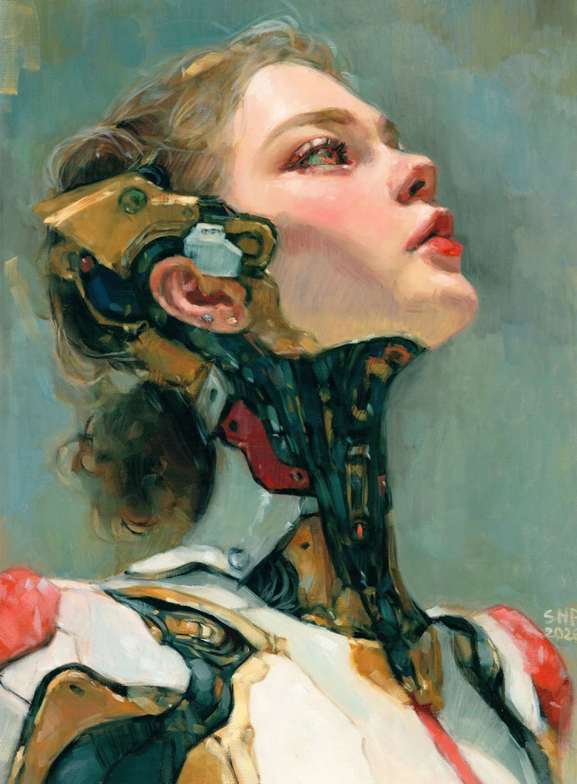 Anna Shariha (Ukraine,b 1998) oil painting: ARTIST: Anna Shariha (Ukrainian, born 1998) TITLE: Portrait of Cyborg Woman MEDIUM: oil on heavy paper CONDITION: Very good. No visible inpaint under UV light. AR