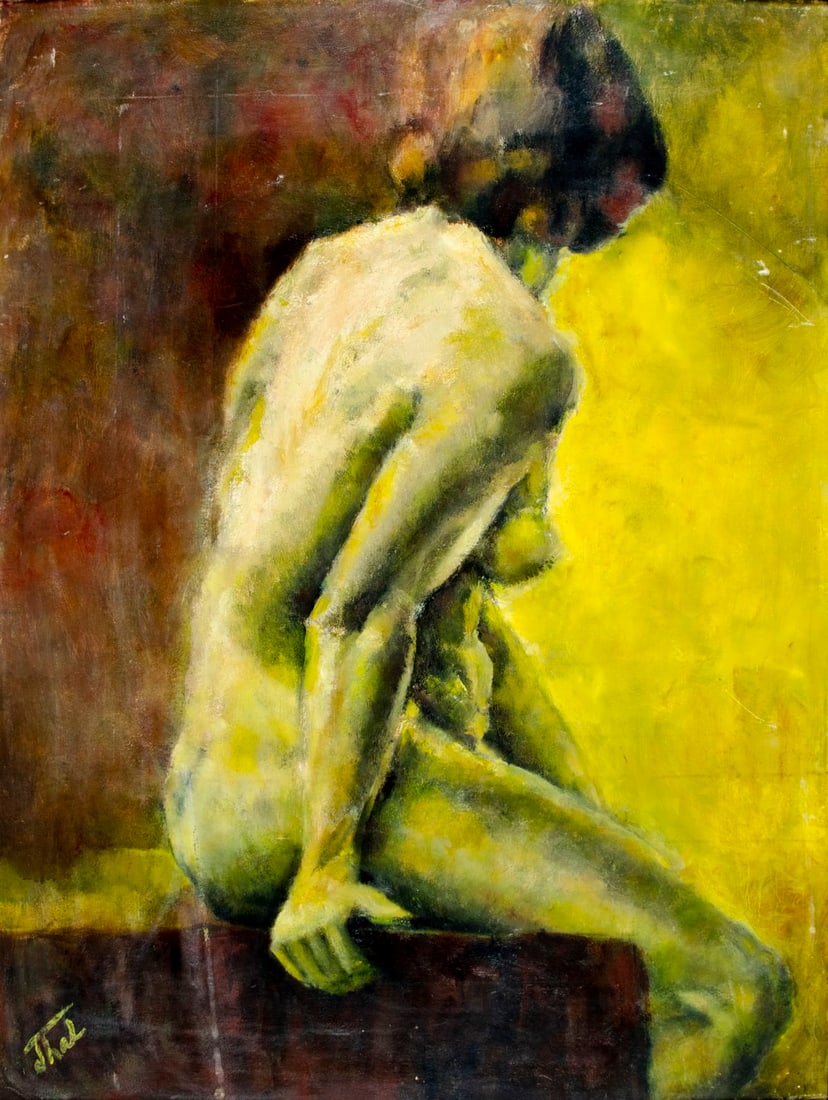 Thelma Thal (NY,1903-2001) oil painting: ARTIST: Thelma Thal (New York, 1903 - 2001) TITLE: Seated Nude MEDIUM: oil on board CONDITION: Some scratches/paint losses. No visible inpaint under UV light. A