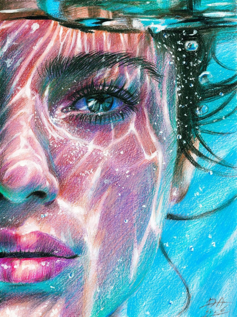 Alena Dmytrazh (Ukraine,b 1989) colored pencil painting: ARTIST: Alena Dmytrazh (Ukrainian, born 1989) TITLE: Woman Underwater MEDIUM: colored pencil on heavy paper CONDITION: Very good. ART SIZE: 12 x 8 inches