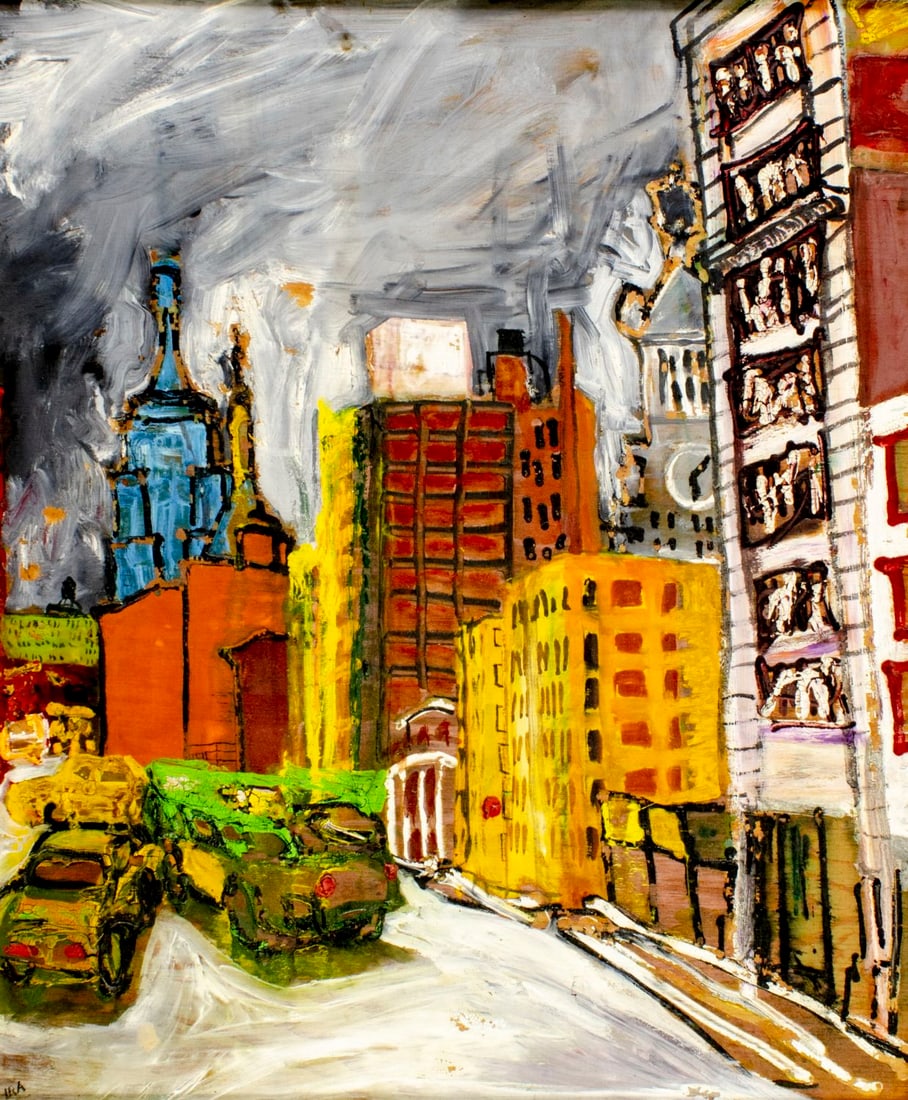 Vintage mid 20C American mixed media painting signed: ARTIST: - (American, mid 20 century) TITLE: Cityscape MEDIUM: oil and watercolor on board CONDITION: Some flaking/paint losses (see pictures carefully). Few scratches. No