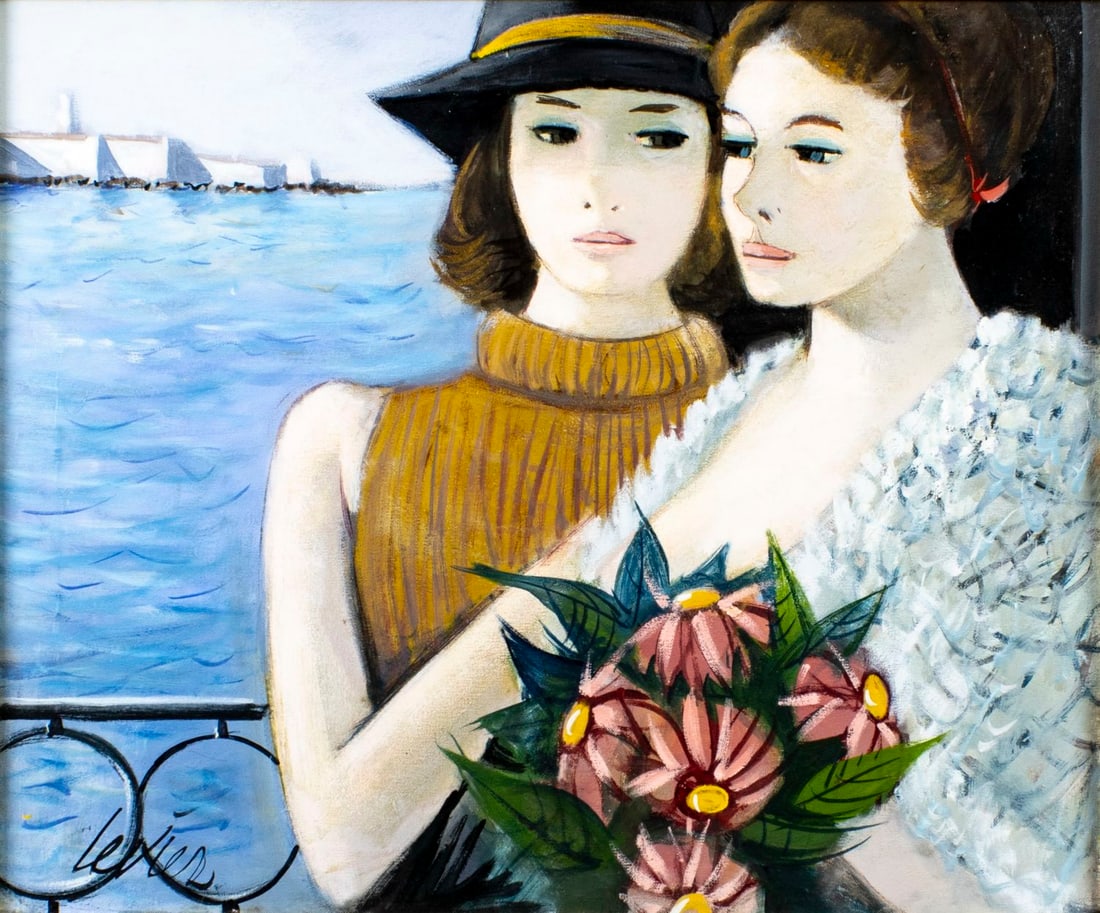 Charles Levier (French,NY,CA,1920-2003) oil painting: ARTIST: Charles Lever (France, New York, California, 1920 - 2003) TITLE: Women with Flowers by the Water MEDIUM: oil on canvas CONDITION: Few minor paint losses. No visible