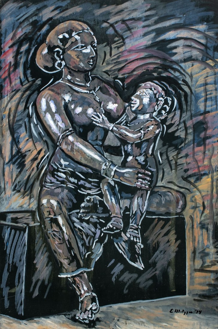 Evelyn Metzger (NY,Brazil,1911-2007) oil painting: ARTIST: Evelyn Borchard Metzger (New York, Brazilian, 1911 - 2007) TITLE: Mother and Child YEAR: 1994 MEDIUM: oil on board CONDITION: One small scratch
