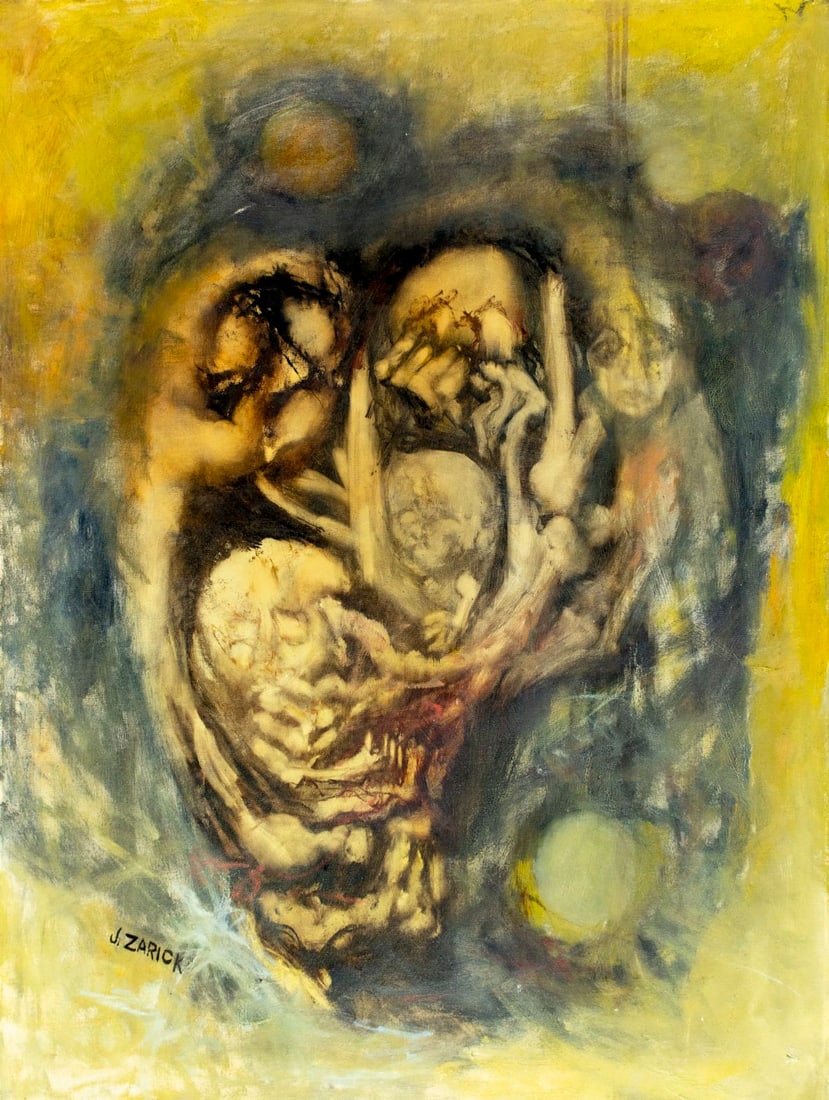 Joye Zarick (CT,IN,1923-1990) oil painting: ARTIST: Joye Zarick (Connecticut, Indianna, 1923 - 1990) TITLE: Abstract Composition MEDIUM: oil on canvas CONDITION: Some small paint losses. No visible inpaint under UV