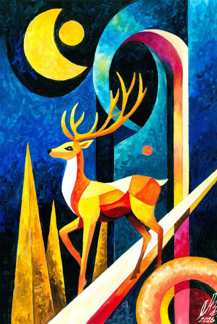 Viktor Lehkodukh (Ukraine,20/21C) watercolor painting: ARTIST: Viktor Lehkodukh (Ukrainian, 20/21 centuries) TITLE: Cubist Composition with Deer MEDIUM: watercolor on heavy paper CONDITION: Very good. ART SIZE: