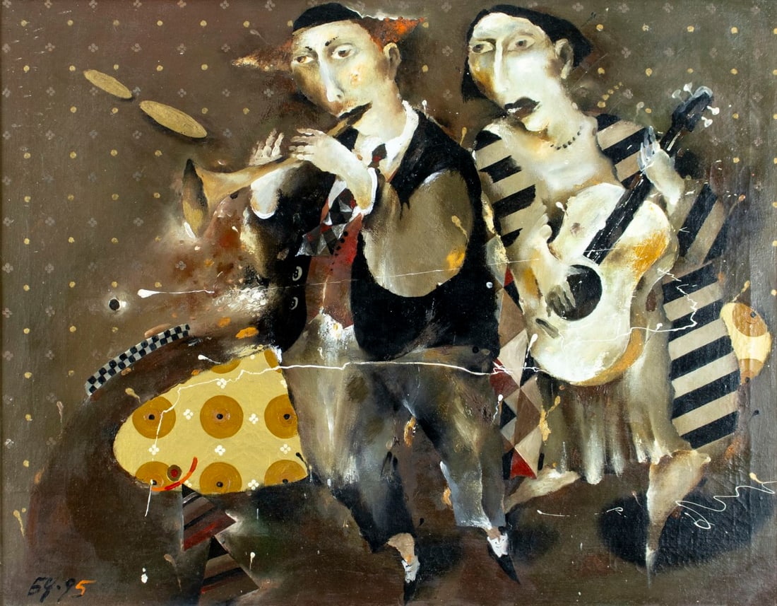Borys Tchernykh (Ukraine,20C) oil painting: ARTIST: Borys Tchernykh (Ukrainian, 20 century) TITLE: Musicians (titled on verso) YEAR: 1995 MEDIUM: oil on canvas CONDITION: Minor paint losses. Minor
