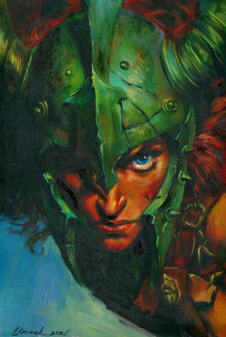 Tatiana Synieok (Ukraine,20/21C) oil painting: ARTIST: Tatiana Synieok (Ukrainian, 20/21 centuries) TITLE: Portrait of Warrior Woman MEDIUM: oil on heavy paper CONDITION: Very good. No visible inpaint under UV light.